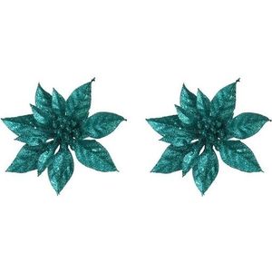2x Kerstbloemen versiering emerald groene glitter kerstster/poinsettia op clip 15 cm - Kersthangers