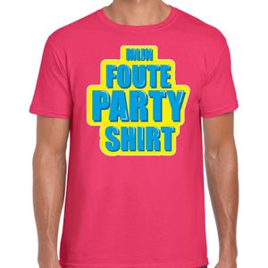 Mijn foute partyshirt fun tekst t-shirt voor heren roze met blauwe opdruk - Feestshirts