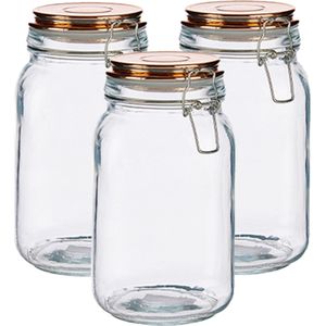 Set van 3x stuks glazen luxe keuken voorraadpotten/voorraadbussen met klepdeksel koper 1500 ml - Voorraadpot