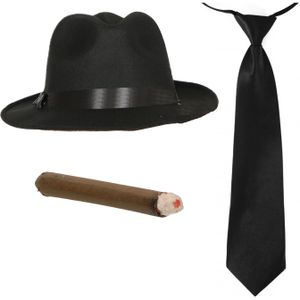 Smiffys - Gangster/Maffia verkleed set hoed zwart met stropdas en sigaar - Verkleedhoofddeksels