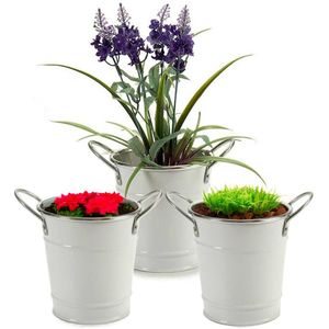 Plantenpot/bloempot emmer  - 3x - rond - zink - wit - D12 x H16 cm - Plantenpotten