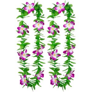 Hawaii krans/slinger - 2x - Tropische kleuren mix groen/paars - Bloemen hals slingers - Verkleedkransen