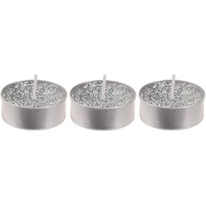 12x Zilveren glitter theelichtjes 6 cm - Waxinelichtjes