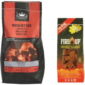 BBQ starterspakket - houtskool briketten 3 kilo - barbecue aanmaakblokjes 72x - Briketten