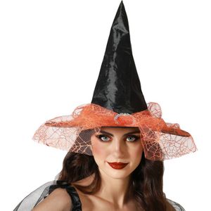 Halloween heksenhoed - met sluier  - one size - zwart/oranje - meisjes/dames - Verkleedhoofddeksels