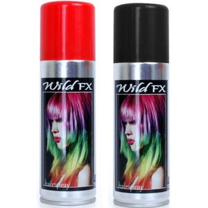 Set van 2x kleuren haarverf/haarspray van 125 ml - Zwart en Rood - Verkleedhaarkleuring