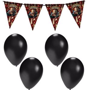 Halloween/horror thema vlaggenlijn - horrorclown circus - 400 cm - incl. 10x ballonnen zwart - Vlaggenlijnen