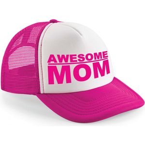 Cadeau snapback/cap - awesome mom - roze/wit - pet - dames - moederdag - mama - Verkleedhoofddeksels