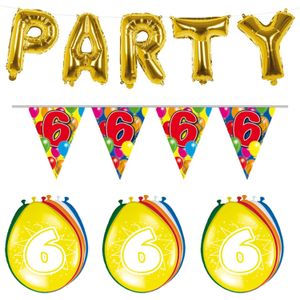 Verjaardag feestversiering 6 jaar PARTY letters en 16x ballonnen met 2x plastic vlaggetjes - Vlaggenlijnen