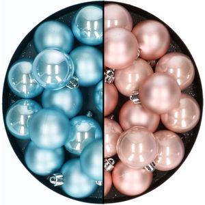 Kleine kerstballen 32x stuks - mix lichtroze en ijsblauw - 4 cm - kunststof - Kerstbal