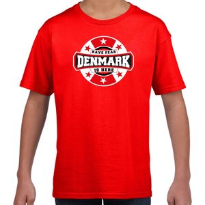 Have fear Denmark is here / Denemarken supporter t-shirt rood voor kids - Feestshirts