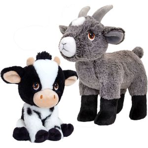Pluche knuffel boerderijdieren voordeelset koe en geit van 19 cm