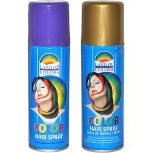 Set van 2x kleuren carnaval haarverf/haarspray van 111 ml - Paars en Goud - Verkleedhaarkleuring