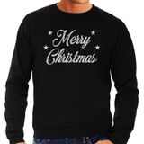 Zwarte foute kersttrui / sweater Merry Christmas zilveren letters voor heren - kerst truien