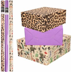 9x Rollen kraft inpakpapier jungle/panter pakket - dieren/luipaard/paars 200 x 70 cm - Cadeaupapier