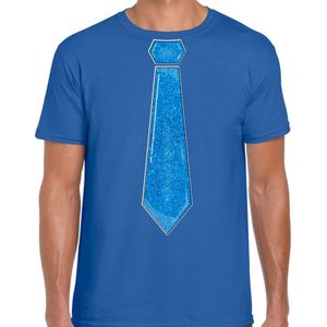 Verkleed t-shirt voor heren - stropdas glitter blauw - blauw - carnaval - foute party - Feestshirts