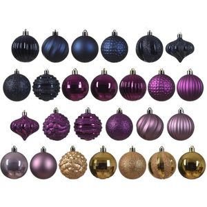 Luxe kerstballen - 30x - kunststof - donkerblauw/goud/paars - 7 cm - Kerstbal