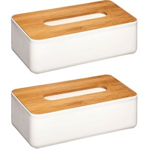 Zakdoekhouders/tissueboxen - 2x stuks - 26 x 13 cm - wit - bamboe deksel - kunststof