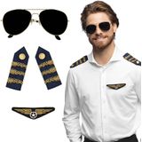 Carnaval verkleed set Piloot - zonnebril/badge/schouderstukken - volwassenen - Verkleedbretels