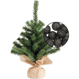 Mini kerstboom groen - met verlichting bollen zwart - H45 cm  - Kunstkerstboom