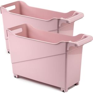 Set van 2x stuks kunststof trolleys pastel roze op wieltjes L45 x B17 x H29 cm - Voorraad/opberg boxen/bakken