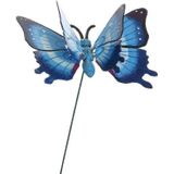 Set van 3x stuks metalen vlinder blauw 11 x 70 cm op steker - Tuinbeelden