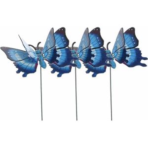 Set van 3x stuks metalen vlinder blauw 11 x 70 cm op steker - Tuinbeelden