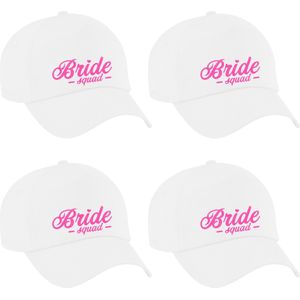 Vrijgezellenfeest pet voor dames - 4x - Bride Squad - wit - roze glitters - bruiloft/trouwen - Verkleedhoofddeksels