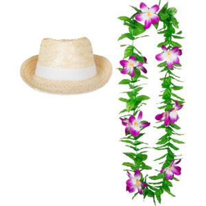 Carnaval verkleed set - Tropische Hawaii party - Ibiza strohoedje - en bloemenkrans groen/paars - Verkleedhoofddeksels