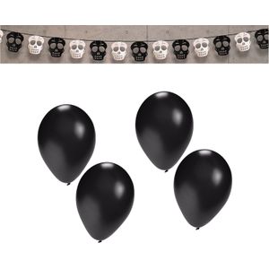Halloween/horror thema vlaggenlijn - doodskop - papier - 275 cm - incl. 10x ballonnen zwart - Vlaggenlijnen