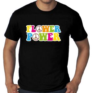 Toppers Grote Maten jaren 60 Flower Power verkleed shirt zwart met gekleurde peace tekens heren - Feestshirts