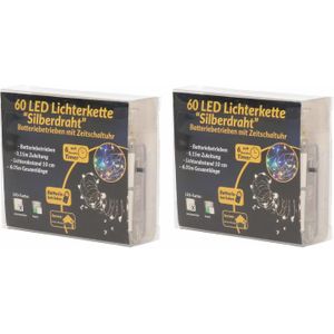 2x Draadverlichting zilver met warm witte LED lampjes 6 meter op batterijen met timer - Lichtsnoeren