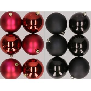 12x stuks kunststof kerstballen mix van donkerrood en zwart 8 cm - Kerstbal