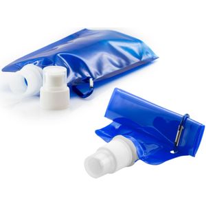 Drinkfles/bidon - 2x - blauw - navulbaar - opvouwbaar met haak - 400 ml - festival/outdoor - Bidons