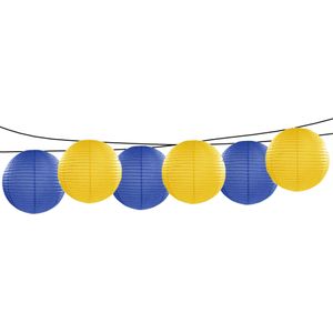 Feest/tuin versiering 6x stuks luxe bol-vorm lampionnen blauw en geel dia 35 cm - Feestlampionnen