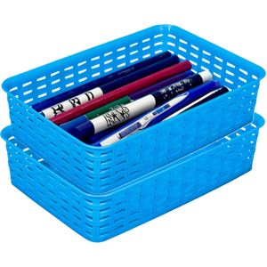 Opbergmandje/ladeverdeler - 2x - blauw - 2 liter - kunststof - 17 x 25 x 6 cm - kleine bakjes - Opbergmanden