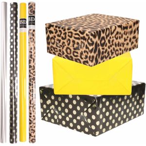 8x Rollen transparante folie/inpakpapier pakket - panterprint/geel/zwart met stippen 200 x 70 cm - Cadeaupapier