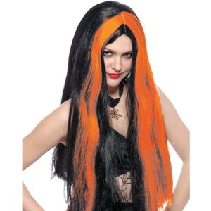 Funny Fashion Heksenpruik lang haar - zwart/oranje - dames - Halloween - Verkleedpruiken