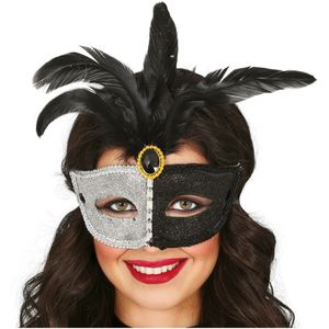 Verkleed oogmasker Venitiaans - zwart/zilver met veren - volwassenen - Carnaval/gemaskerd bal - Verkleedmaskers