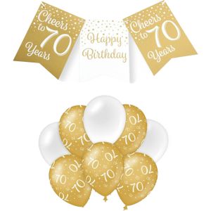 Paperdreams Luxe 70 jaar feestversiering set - Ballonnen &amp; vlaggenlijnen - wit/goud - Feestpakketten