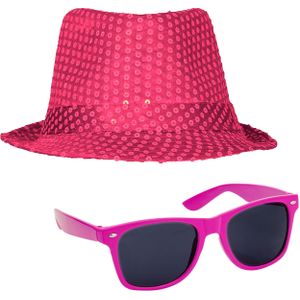 Carnaval verkleed set compleet - hoedje en zonnebril - roze - heren/dames - glimmend - Verkleedattributen