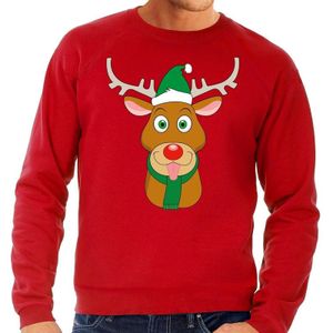 Foute kersttrui rendier Rudolf met groene kerstmuts rood heren - kerst truien