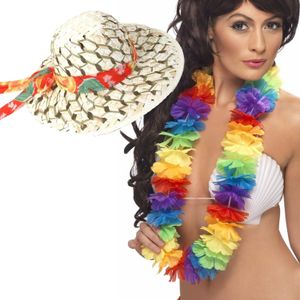 Hawaii party verkleedset dames - Carribbean strohoed - bloemenkrans in kleurenmix - Tropical toppers - Verkleedhoofddeksels
