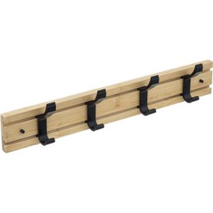 Kapstok rek voor wand/muur - lichtbruin/zwart - 4x schuifbare ophanghaken - Bamboe/ijzer - 40 x 8 cm - Kapstokken