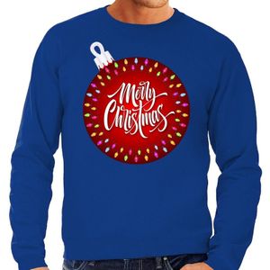 Blauwe foute kersttrui / sweater Merry Christmas en grote kerstbal voor heren - kerst truien