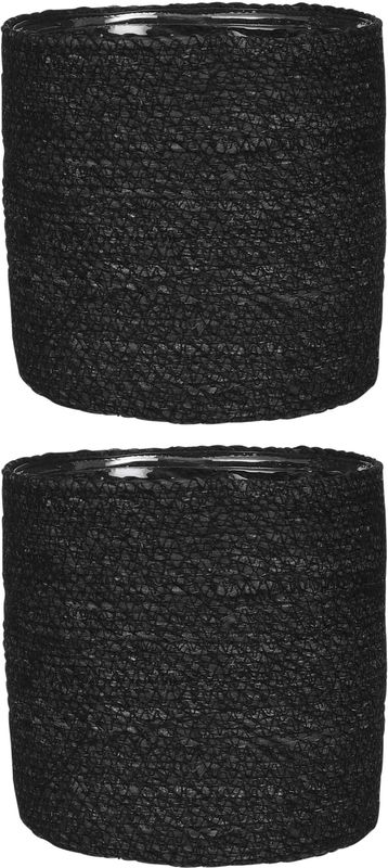 2x stuks naturel zwart rotan planten pot mand van gedraaid jute/riet H20 en D20 cm