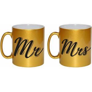 Gouden Mrs en MR cadeau mokken / bekers set voor koppels 330 ml - feest mokken