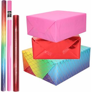 6x Rollen kraft inpakpapier regenboog pakket - regenboog/metallic rood/roze 200 x 70/50 cm - Cadeaupapier