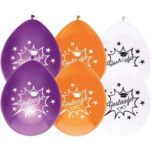 Ballonnen geslaagd thema - 32x - oranje/wit/paars - latex - 27 cm - diploma examenfeest versiering - Ballonnen