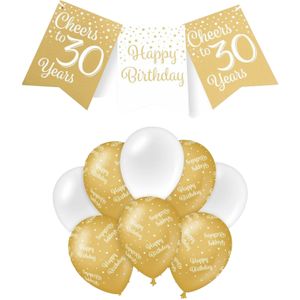 Paperdreams Luxe 30 jaar feestversiering set - Ballonnen &amp; vlaggenlijnen - wit/goud - Feestpakketten